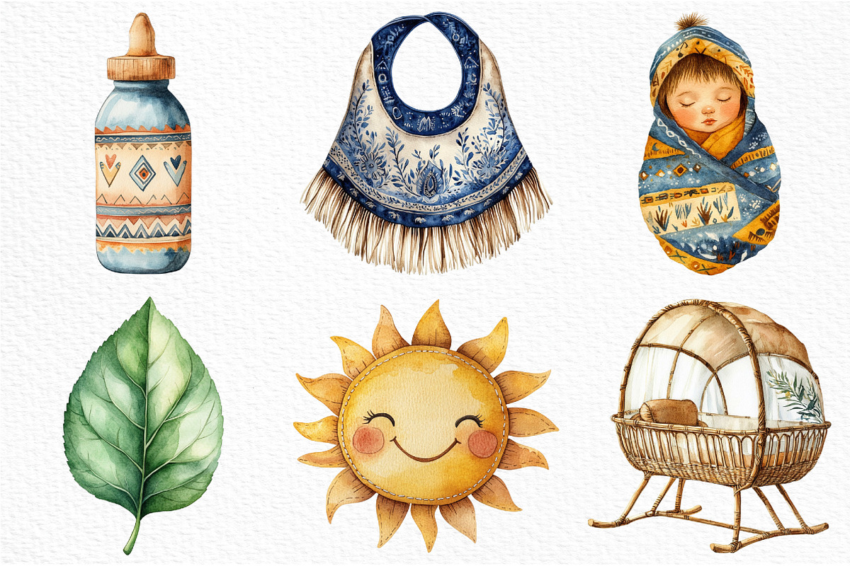 Watercolor Boho Baby Clipart Bundle, an Illustration by Craft Nest (Photo 2 of 6)