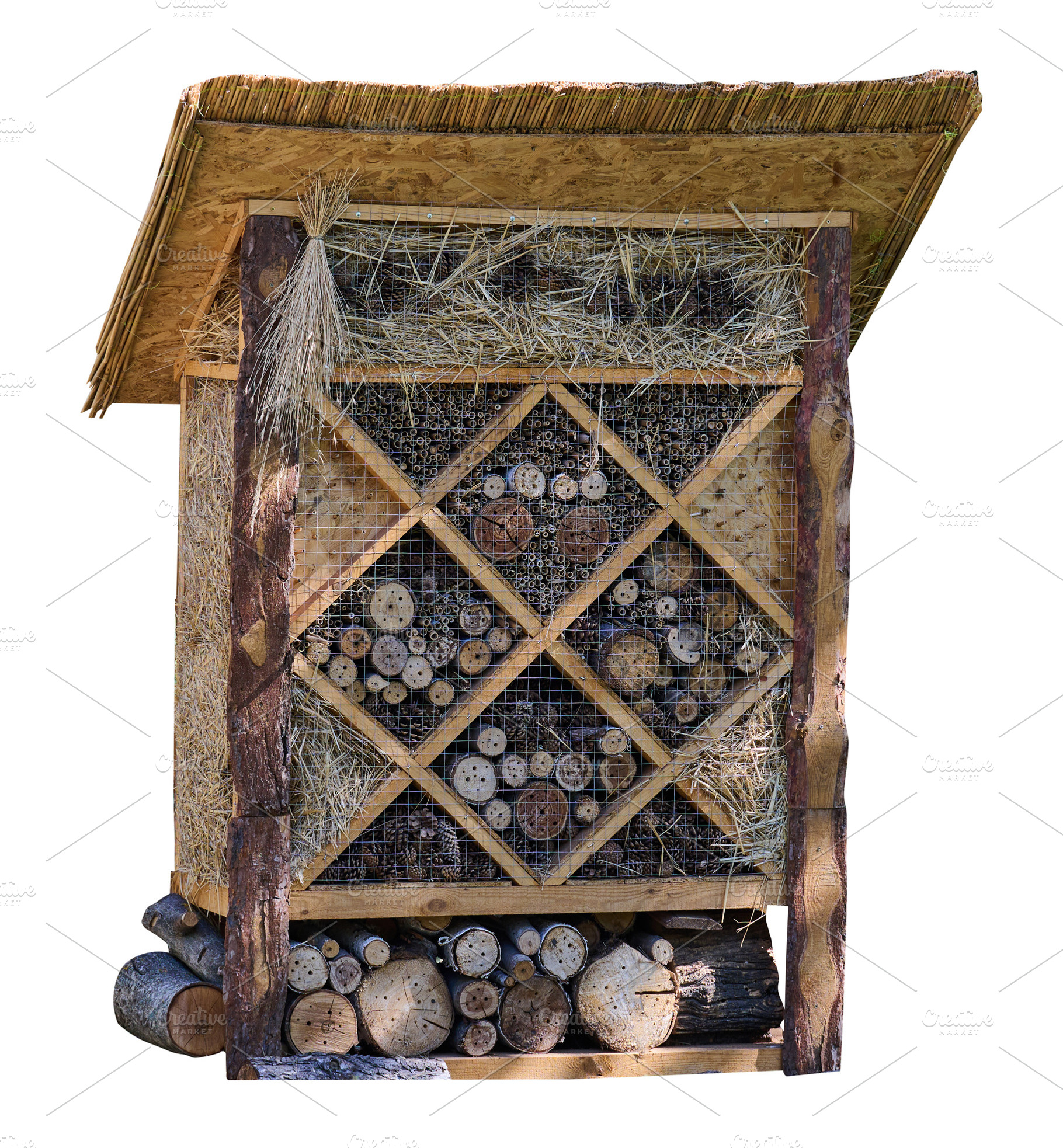 Large wooden insect house or bee hotel with thatched roof and wo, an Architecture Photo by ndanko