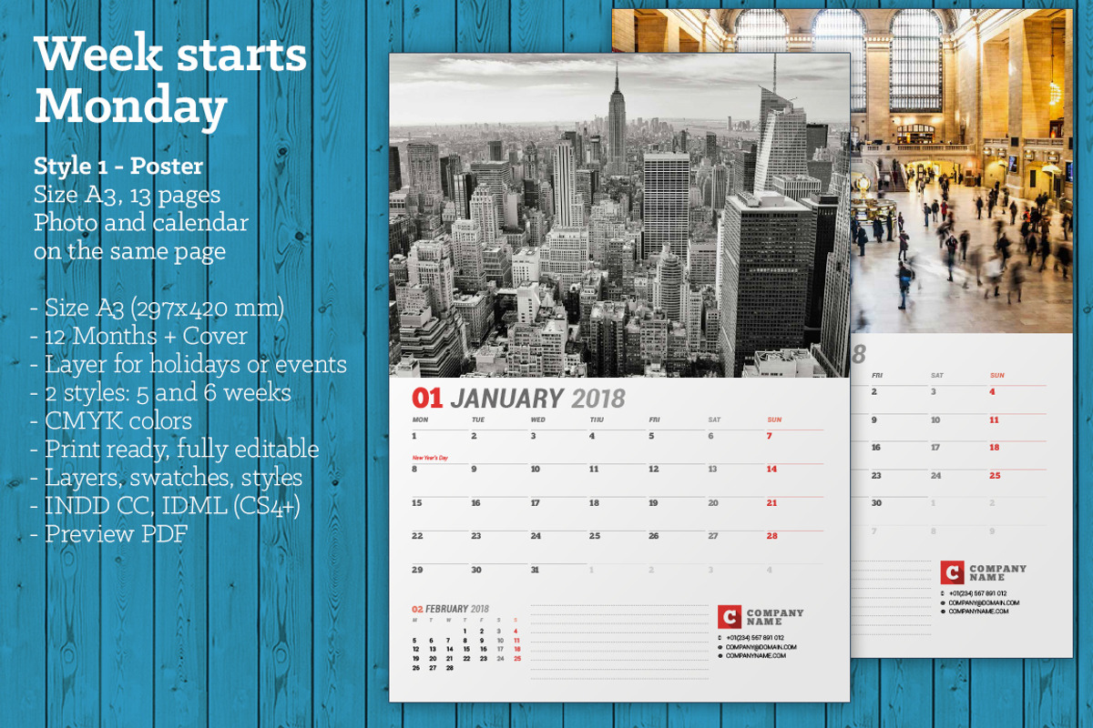 Wall Calendar 2018 (WC037-18), a Stationery Template by mikhailmorosin