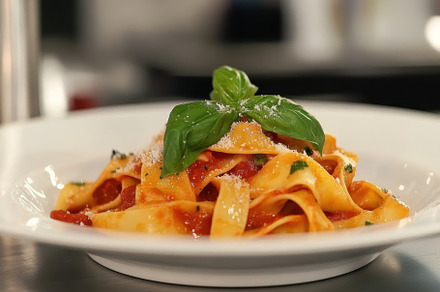 Fresh pasta with tomato sauce and ba, a Photo by Iftikhar Alam