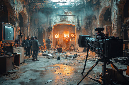 Film crew captures scenes in a derel, a Photo by Tanuart