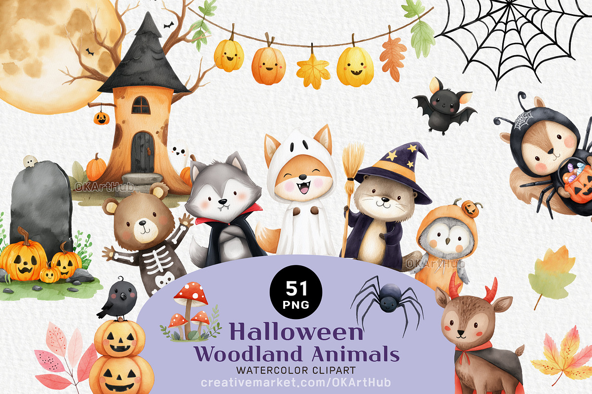 Halloween Woodland Animals Clipart, a Seasonal Illustration by OKArtHub (Photo 1 of 6)