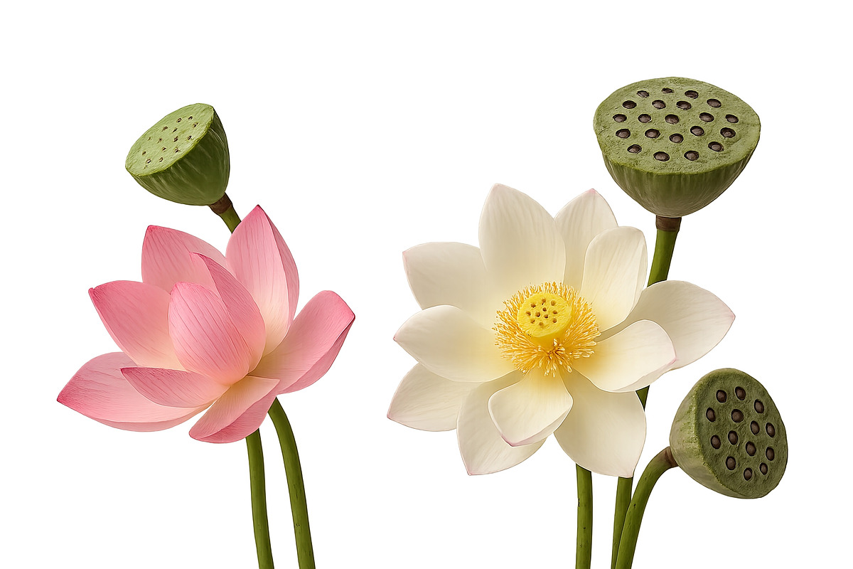 Lotus flowers and seed pods isolated, an Illustration by Dvoevnore photos