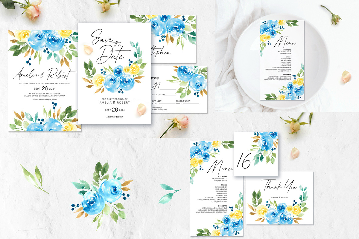 Blue and yellow roses wedding suite, an Invitation Template by Artberriez (Photo 4 of 4)