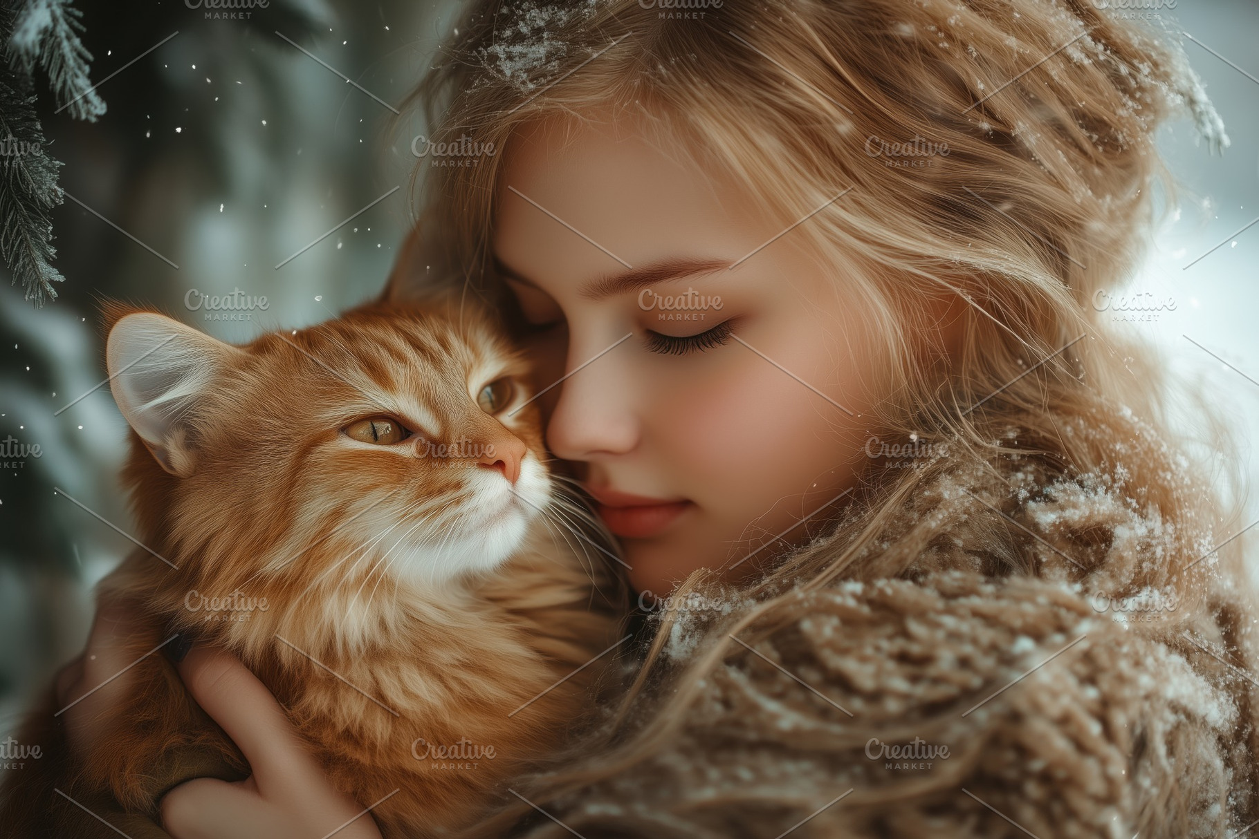 A young woman with long, wavy hair embraces a fluffy orange cat in a snowy land, a Person Photo by Textures & Backgrounds