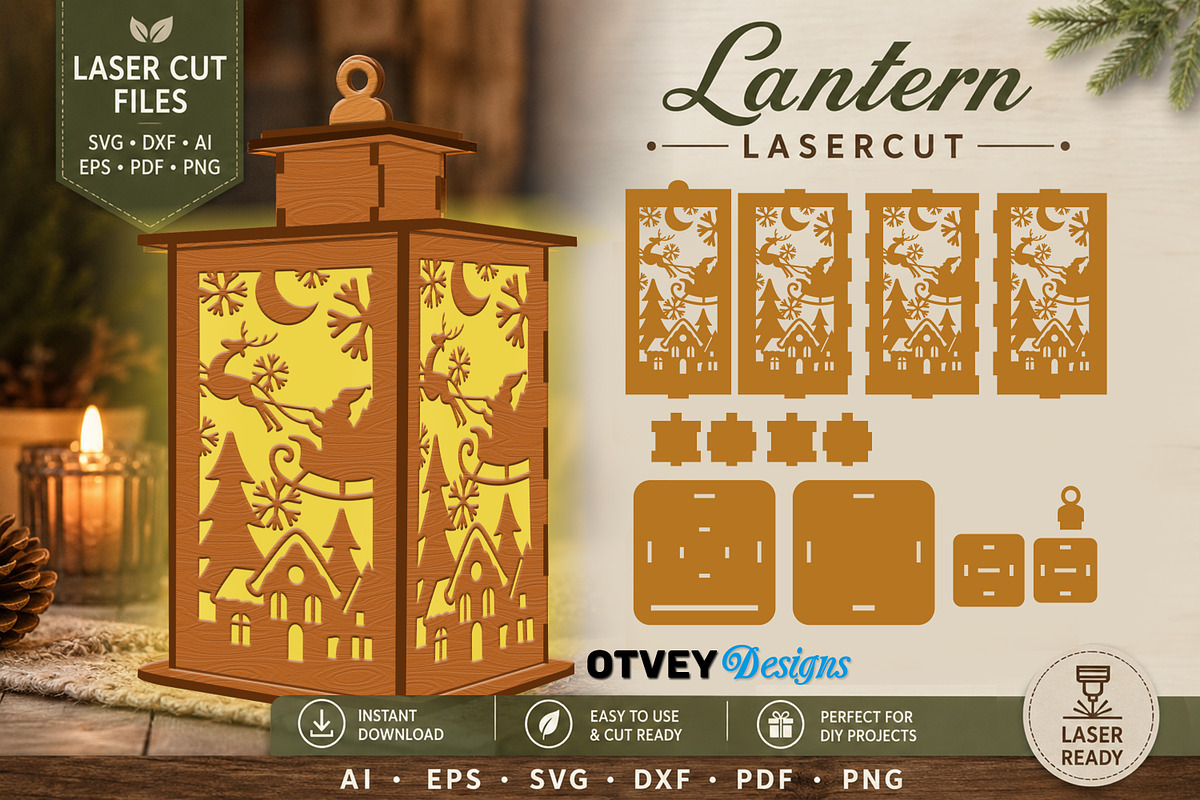 Christmas Scene Lantern Laser Cut, a Decorative Illustration by OTVEY DESIGN (Photo 3 of 13)