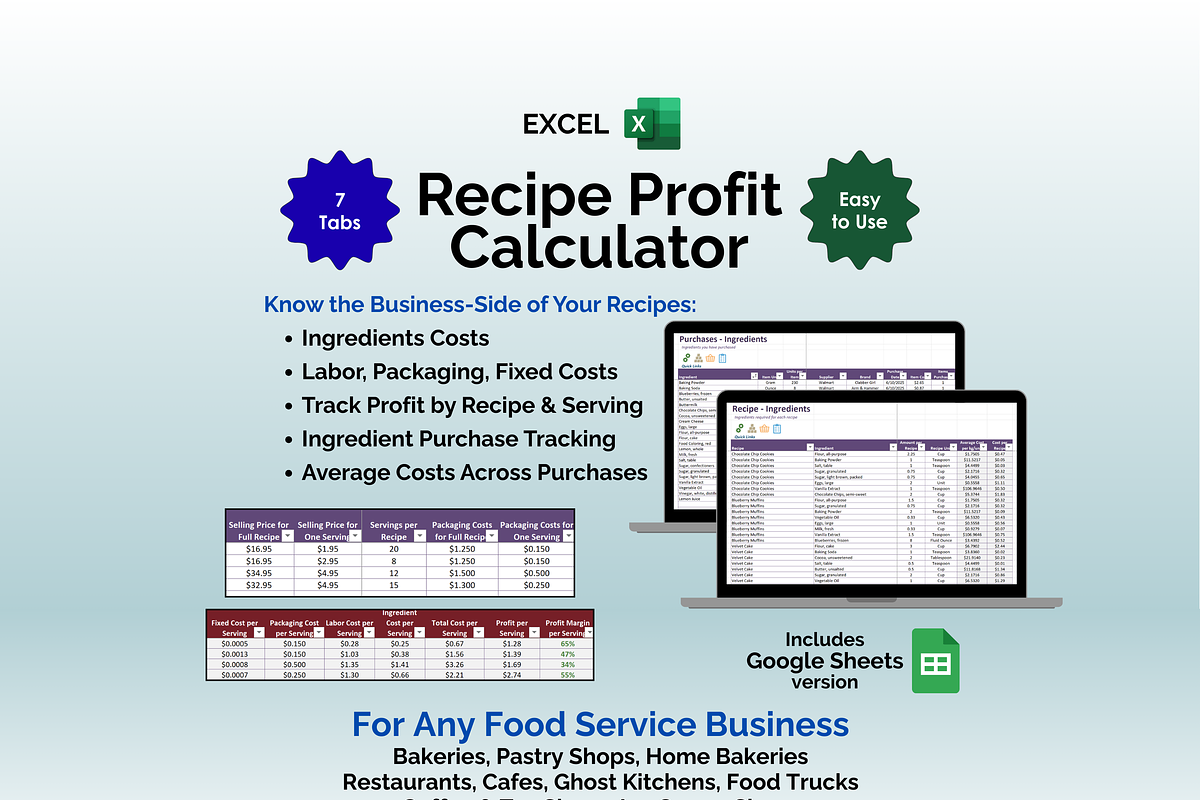 Recipe Profit Calculator - Excel preview 2