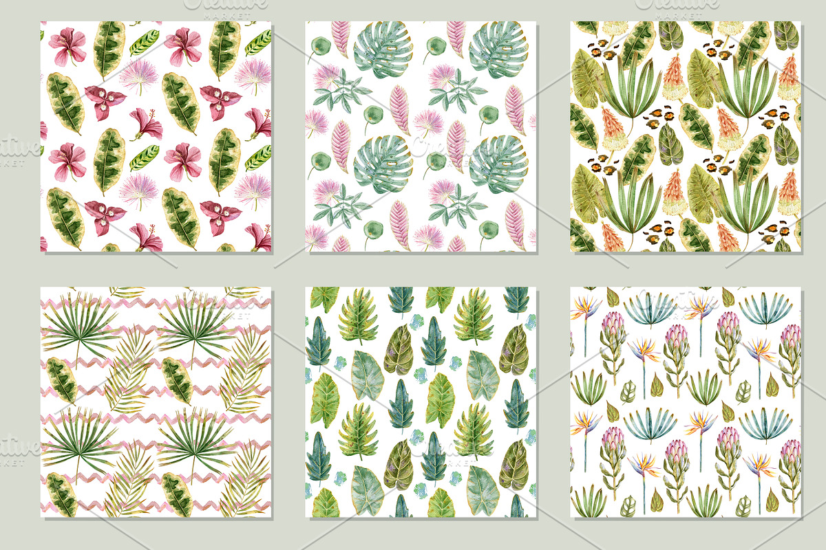 Watercolor Tropical Leaves & Flowers, an Illustration by babenkoirusa (Photo 10 of 17)