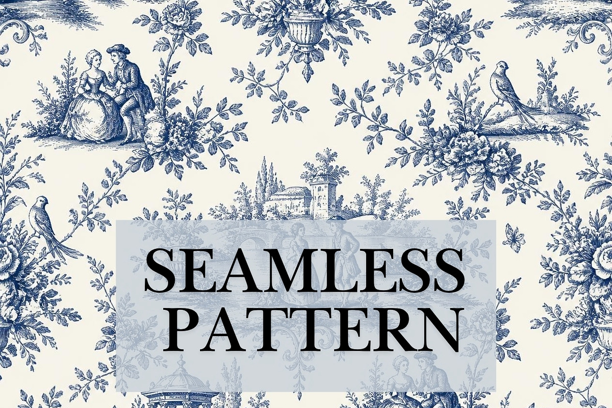 Blue Floral Toile Seamless Pattern, a Pattern Graphic by elfy creative (Photo 1 of 7)