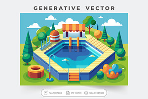 A colorful pool surrounded by trees,, a Graphic by SouravDesign