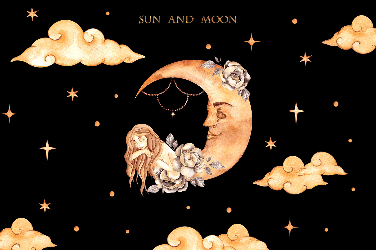 Vintage moon and sun., an Illustration by ma_i_vi, image size:1200x800