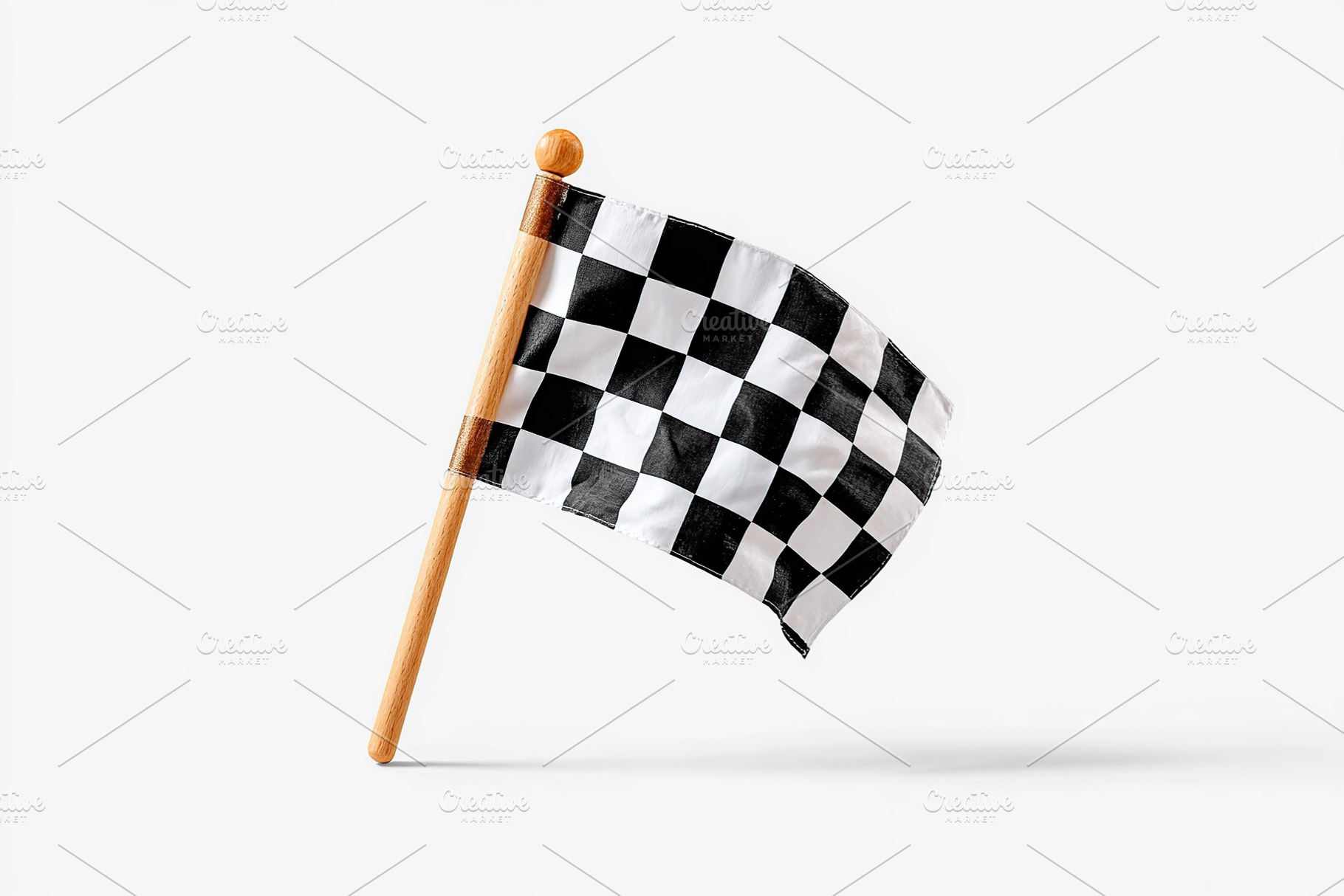 Checkered race flag waving on wooden pole in an outdoor racing environment, a Photo by AlyaAnd