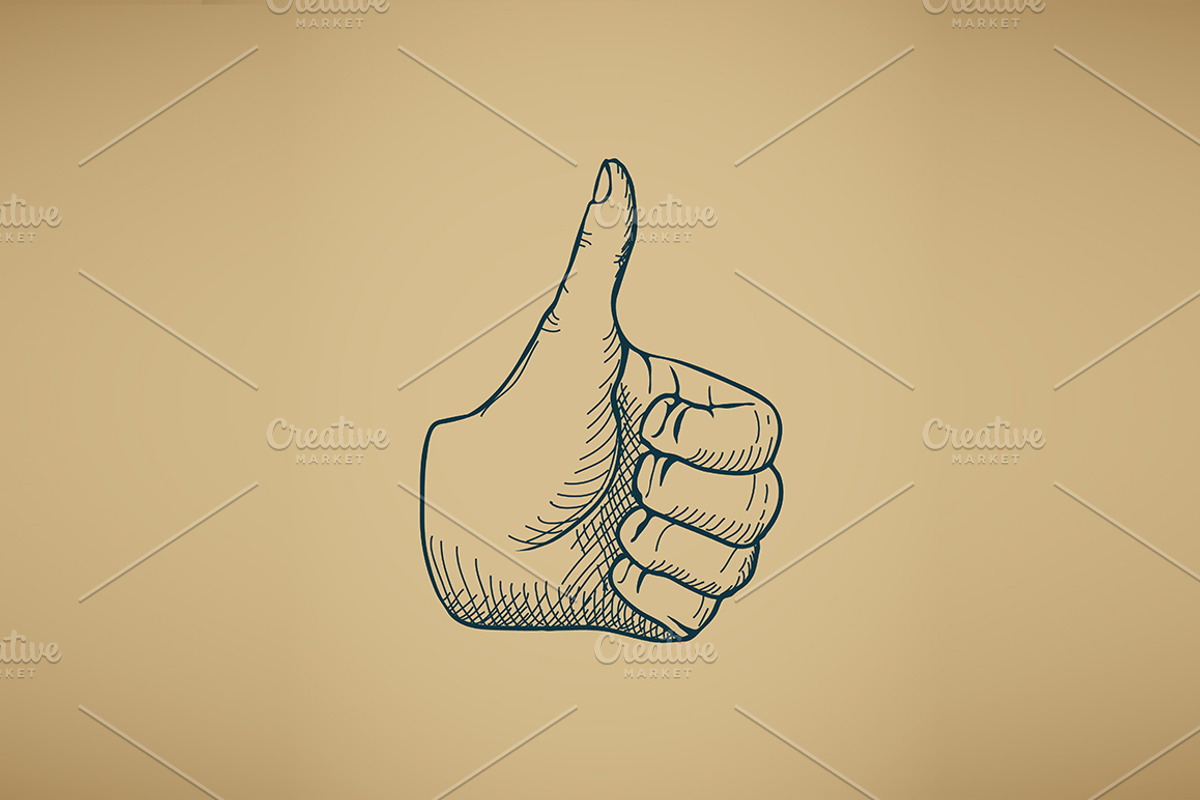 Hand draw sketch vintage thumbs up, a Work Illustration by idimair
