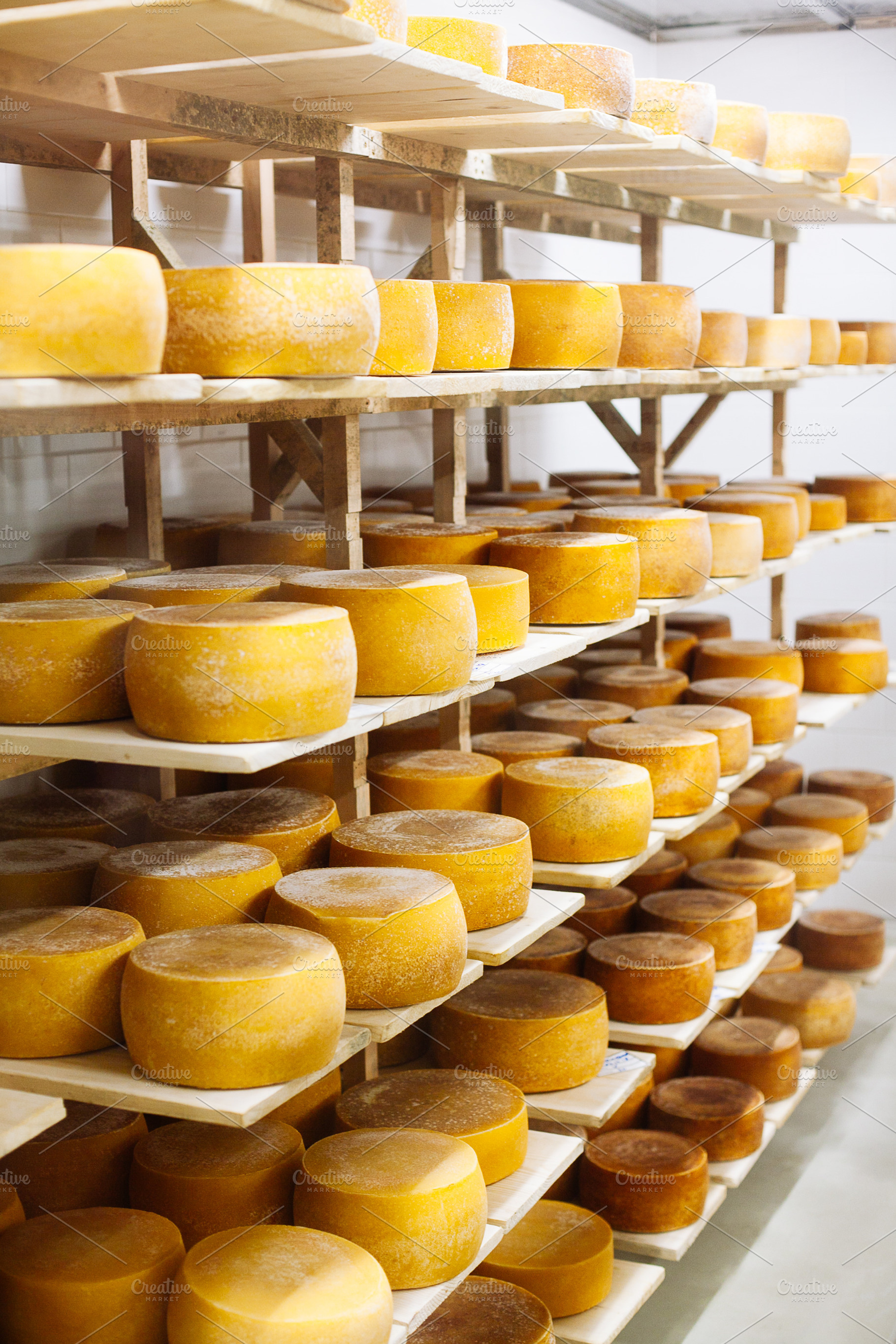 Cow milk cheese stored featuring aging, agriculture, and cellar, a Food & Drink Photo by telnyaw