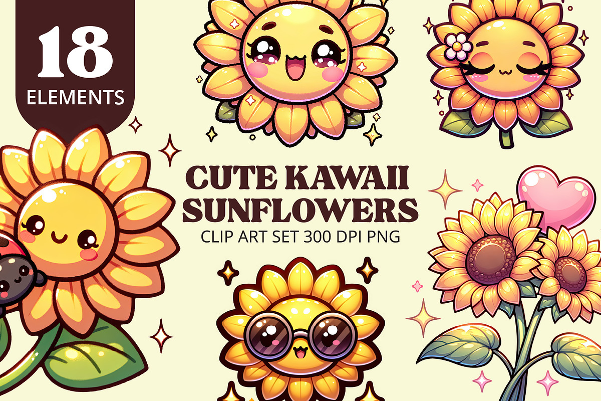Kawaii Sunflower Clipart PNG Set, an Object Illustration by Printable Pretty Studio (Photo 1 of 4)