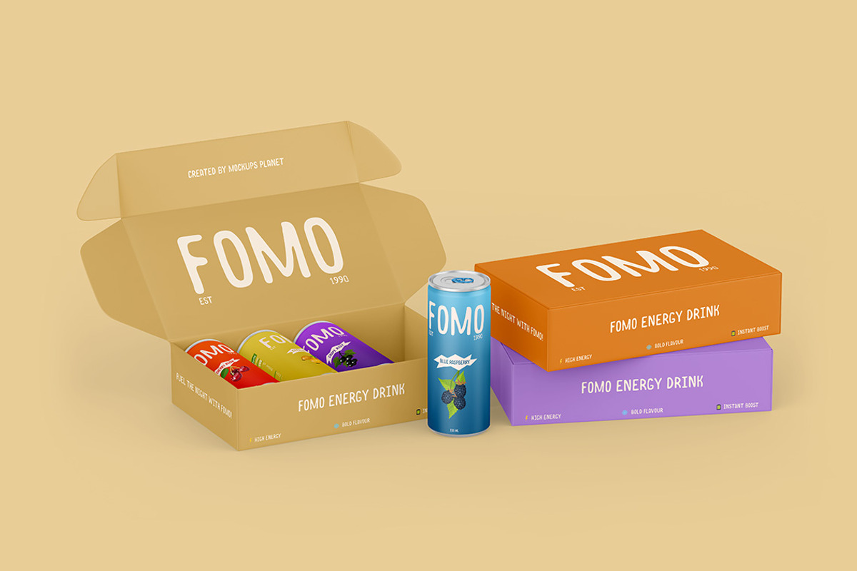 Soda Can with Box Packaging Mockups, a Mockup by Mockups Planet (Photo 4 of 5)