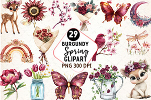 Burgundy Spring Sublimation Clipart, an Illustration by Watercolor design