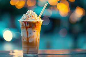 Iced coffee latte in cup on lights background, a Food & Drink Photo by AlyaAnd