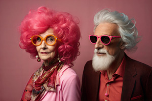 Elderly couple with vibrant hairstyles and colorful glasses on p, a Person Photo by ImageMir