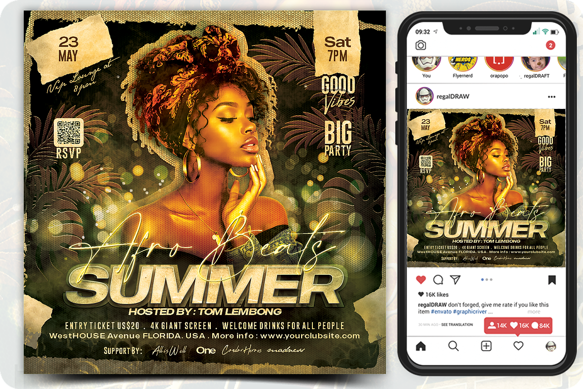 Afro Beat Summer Flyer Template, a Flyer Template by regalDRAW (Photo 1 of 4)