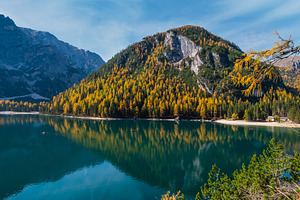 Autumn peaceful alpine lake Braies or Pragser Wildsee. Fanes-Sen, a Nature Photo by YuriyB