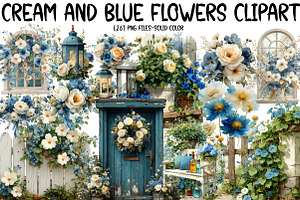 Cream and Blue Flowers Clipart, an Illustration by Designworld