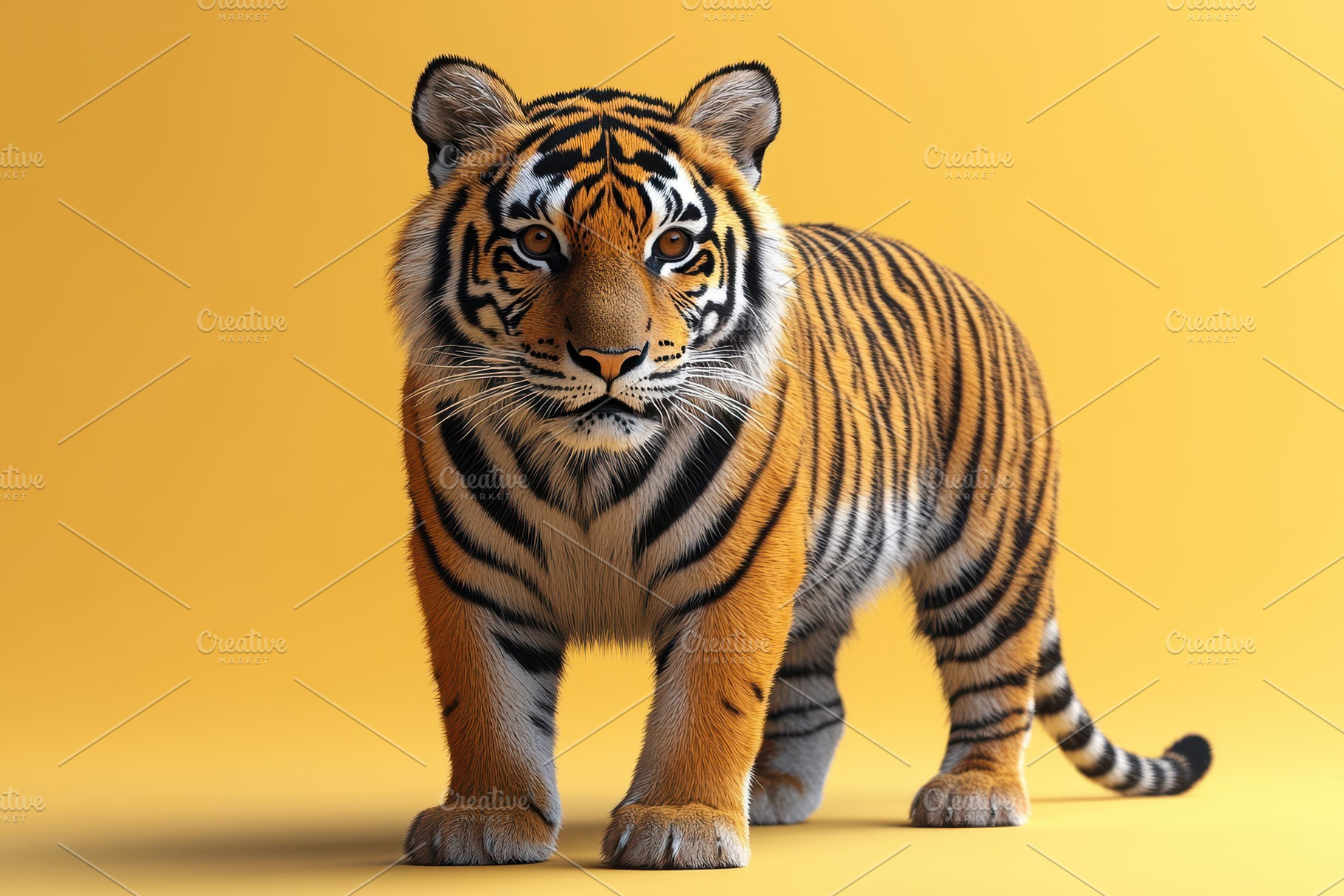 Majestic tiger standing confidently, a Photo by Tanuart