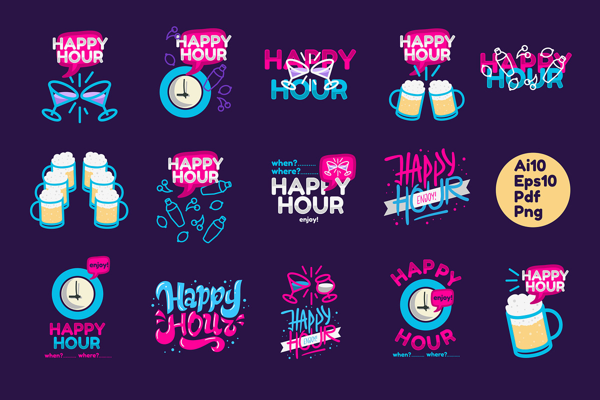 Happy Hour Vector Collection, a Food Illustration by ThreeFourFive