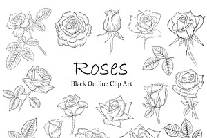 Roses Flowers Lineart Clipart.