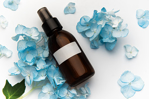 Cosmetic spray bottle with blue hydrangea petals, a Health & Medical Photo by Olena Rudo