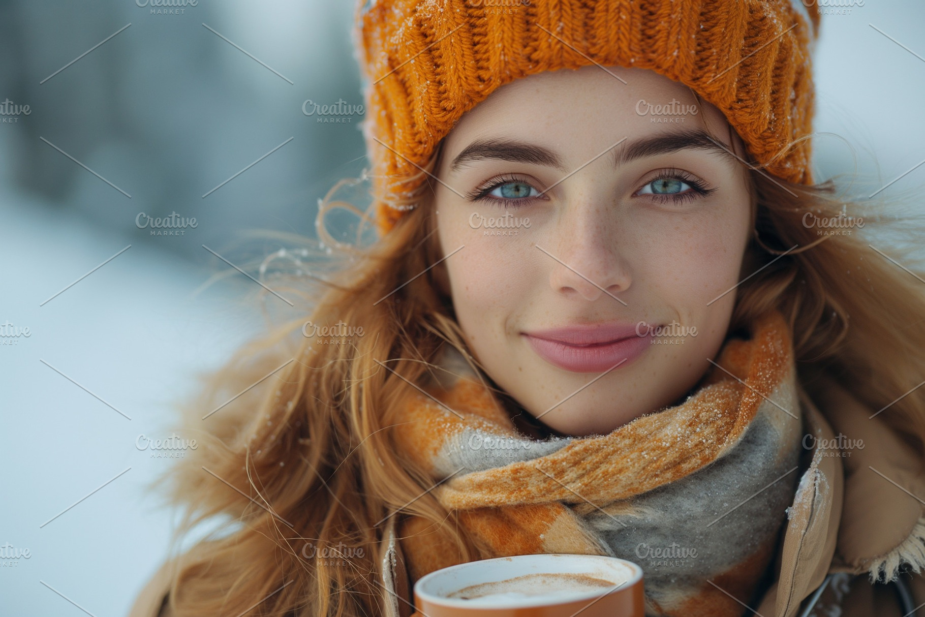 A young Caucasian woman in a cozy orange beanie and scarf warms herself with a, a Person Photo by ImageMir