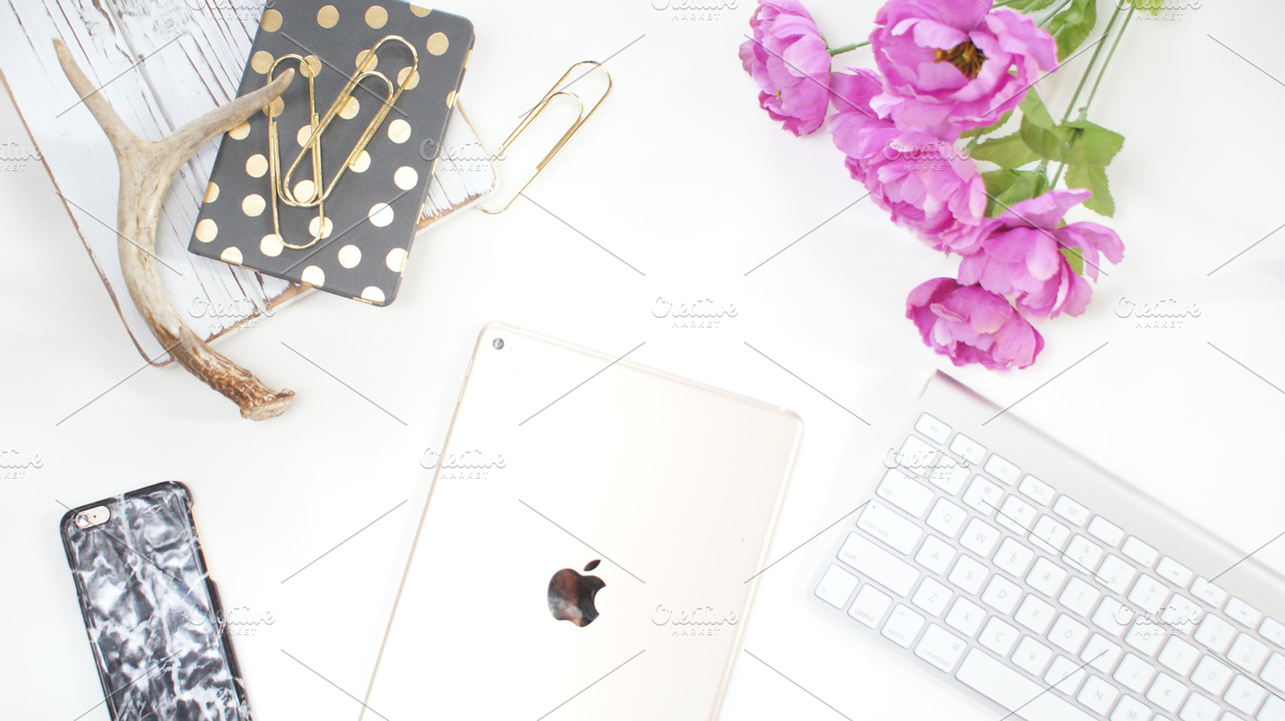 Tech with gold & flowers desk photo stock photo containing styled stock, an Arts & Entertainment Photo by Grandview Collective