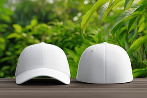 Two white baseball caps mockup on a wooden surface with a blurred green foliage, a Hat Mockup by Textures & Backgrounds