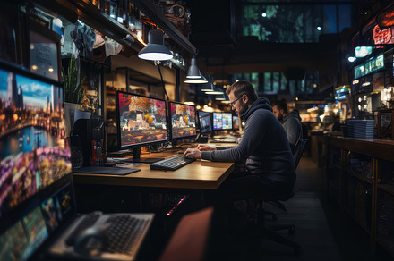 Art Director Reviewing Photos on Multiple Monitors in a Professional Photostudi, a Photo by AS photostudio