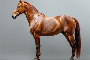 A stunning chestnut horse in profile, showcasing its muscular build and glossy, an Animal Photo by ImageMir