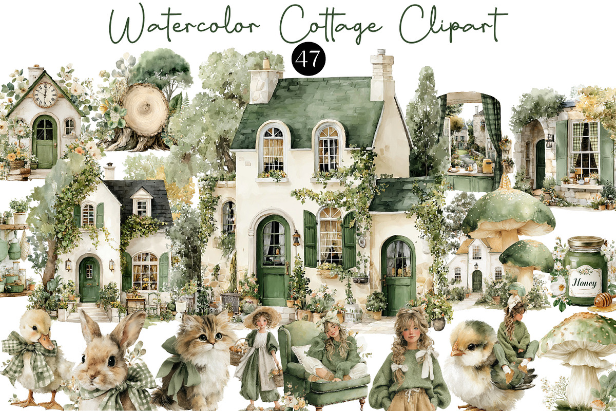Watercolor Cottage Clipart, an Illustration by DreamCafeArt (Photo 1 of 6)