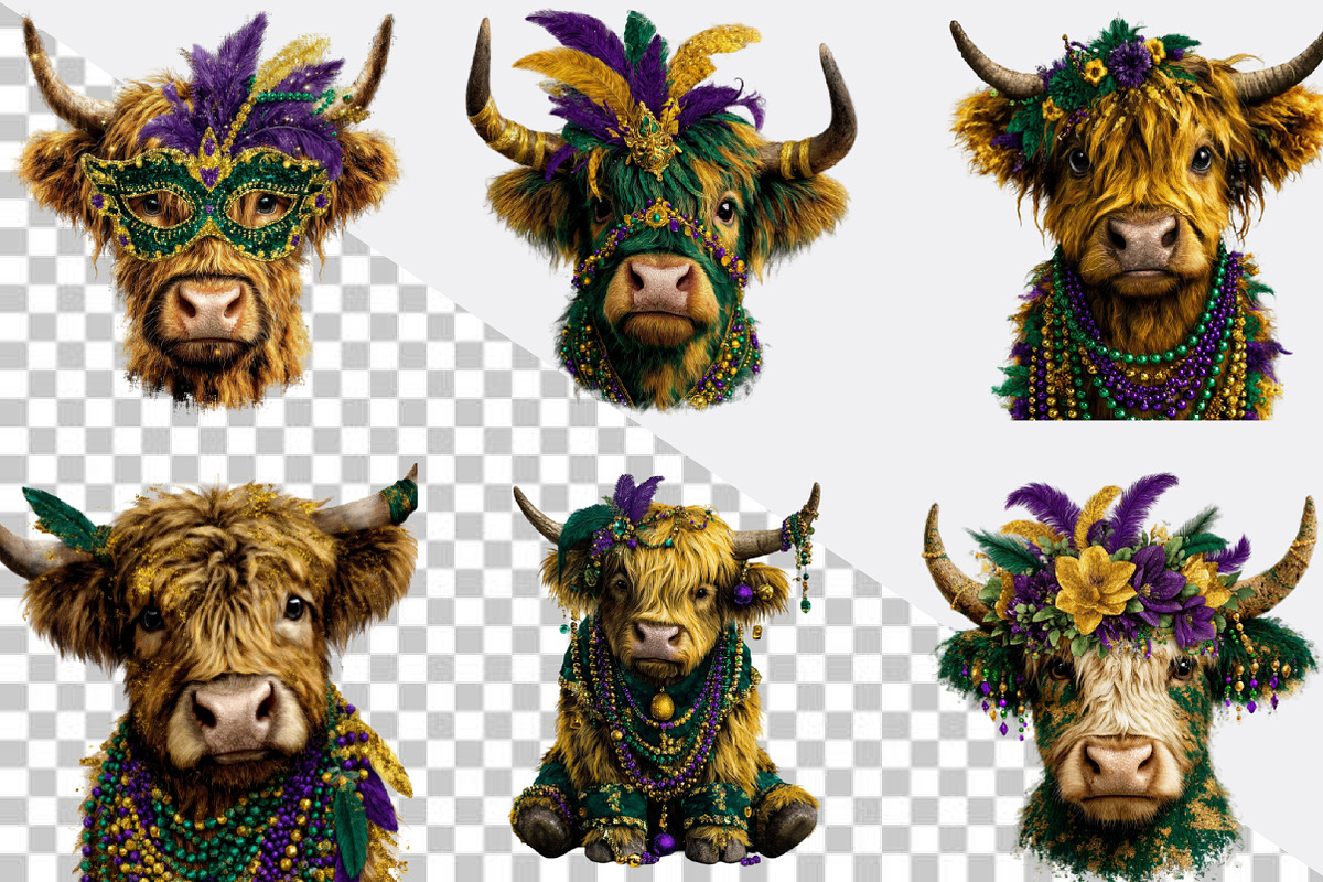 Cute Mardi Gras Highland Cow Clipart, an Illustration by SVGArt (Photo 7 of 7)