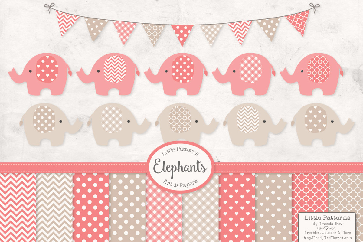 Coral Elephant Clipart & Patterns, an Illustration by Amanda Ilkov (Photo 1 of 3)