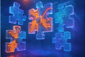 Illuminated puzzle pieces with, a Technology Illustration by Sergey Kotenev