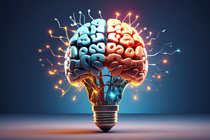 Brainstorming concept with lightbulb on blue background. Generat, a Business Photo by Ales Munt