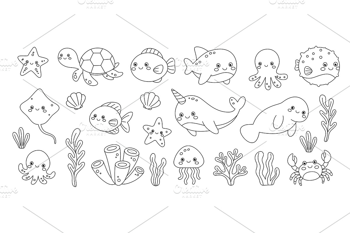 Minimalist outline of marine animals, an Animal Illustration by GraphiShop