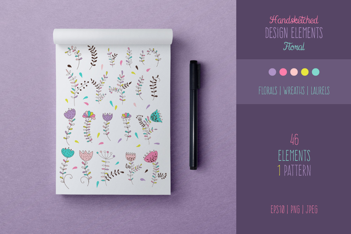 Floral Vector Elements Set + Pattern, an Illustration by OkPen (Photo 1 of 6)