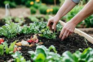 Hands Gardening with composting in vegetable bed showcasing sust, a Photo by Dvoevnore photos