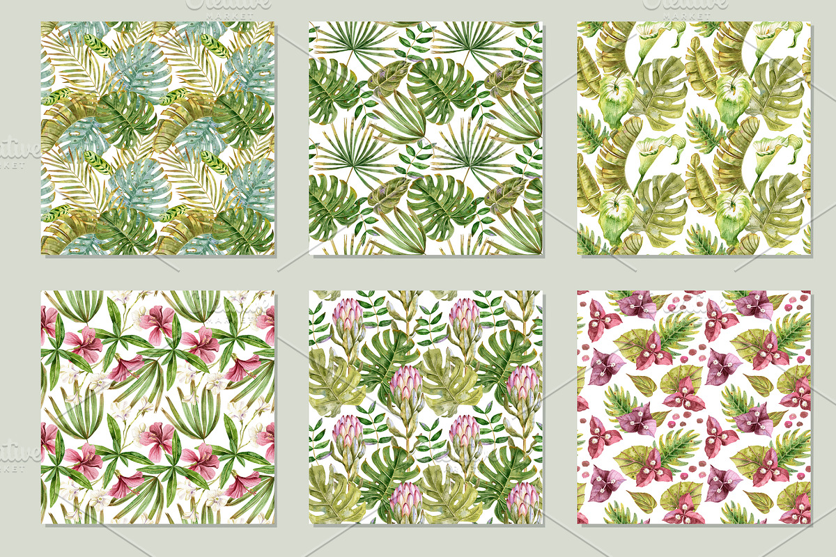 Watercolor Tropical Leaves & Flowers, an Illustration by babenkoirusa (Photo 9 of 17)