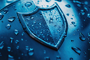 Security shield glistening with water droplets on a blue background conveying p, a Business Photo by AlyaAnd