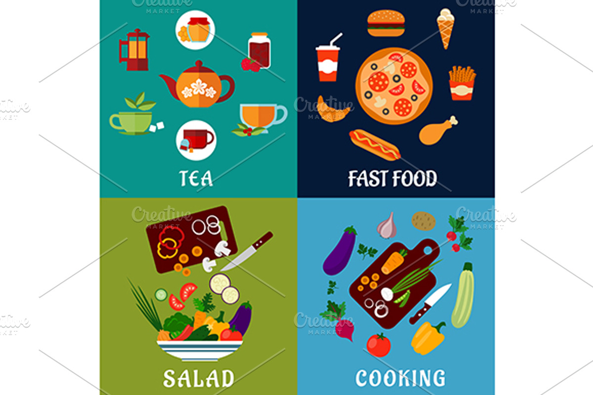Healthy and fast food flat icons