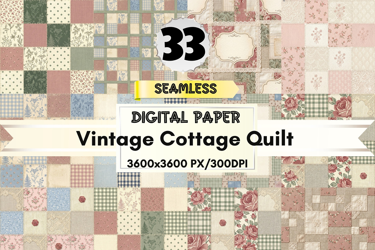 Vintage Cottage Quilt Digital Paper, a Pattern Graphic by LA Design (Photo 1 of 10)