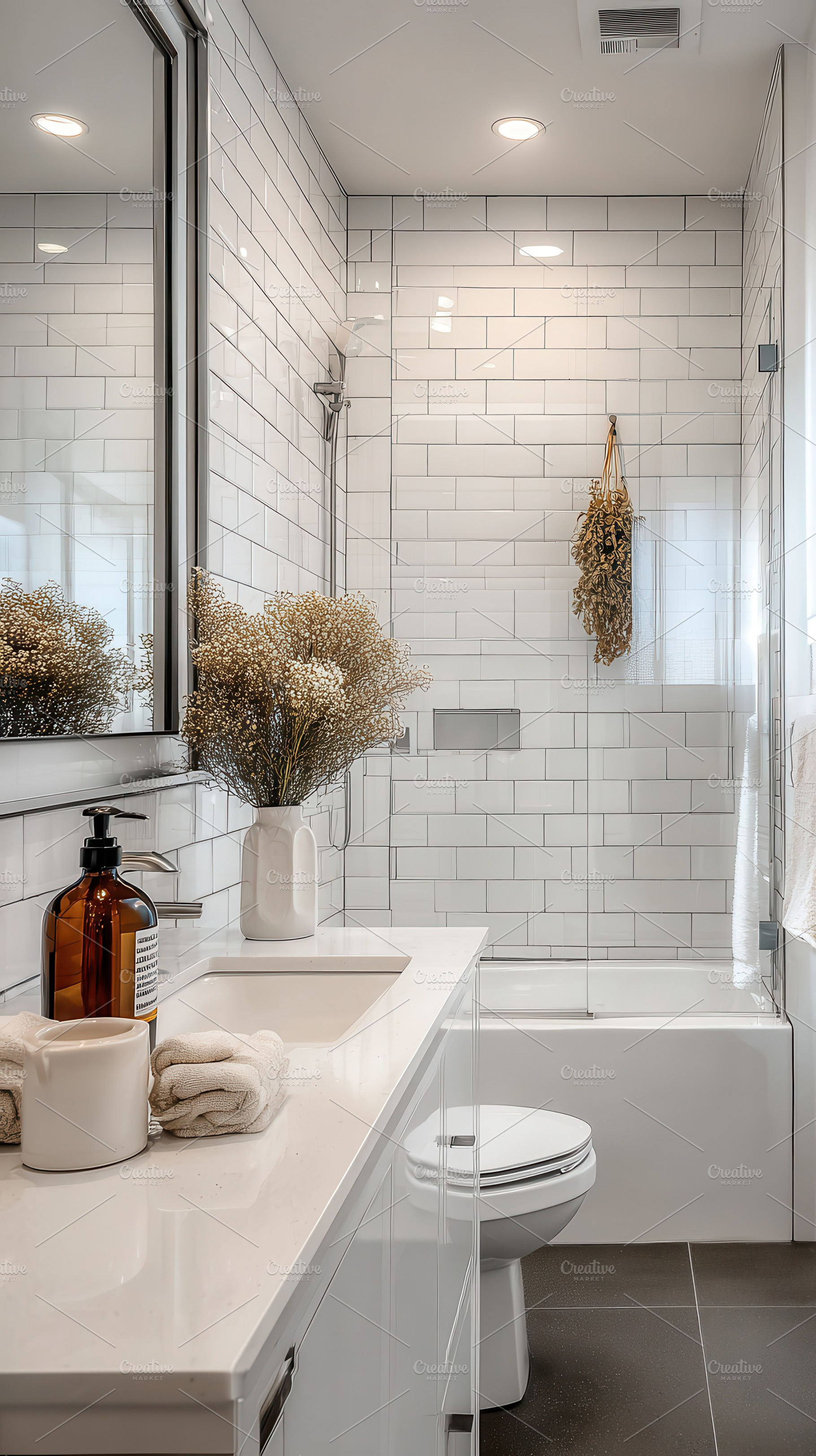 Modern white bathroom design with su, a Photo by Pixeness Studio