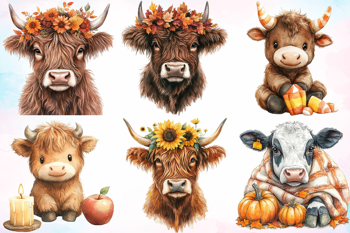 Autumn Highland Cow Clipart Bundle, a Seasonal Illustration by Canvas Craft (Photo 2 of 8)