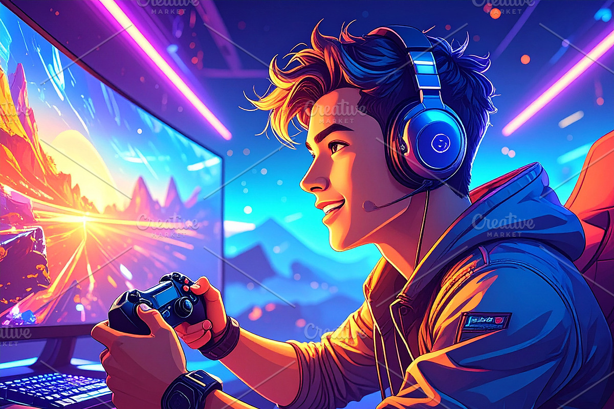Gamer intensely focused on a video game, gripping a controller w, an Illustration by DanFLCreativo